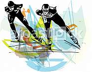 abstract illustration of speed ice skaters at colorful ice rink