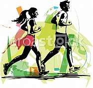 Abstract illustration of young fitness couple of man and woman jogging in park